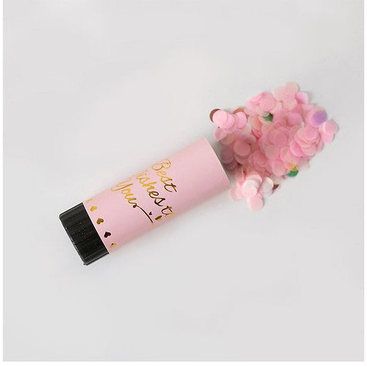 Tun de Confetti Best Wishes, Actionare prin Rasucire Manuala, Model Buline din Hartie si Folie, Roz, 11 x 4 cm