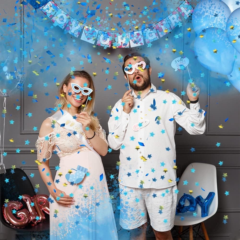 Tun Confetti Gender Reveal, Lansator Petrecere Dezvăluire Gen Bebelus, Actionare prin Rasucire, Hartie si Carton, 40 cm, Albastru