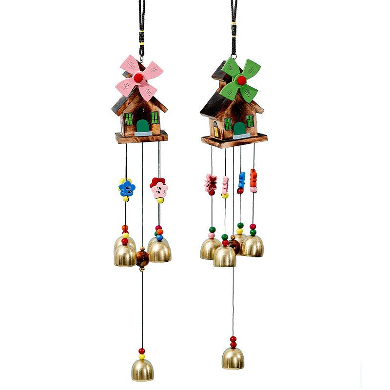 Decorațiune Grădină Moară de Vânt cu Căsuță, Clopoței de Vânt Muzicali din Alamă, Material Lemn, 45 x 50 cm, Multicolor