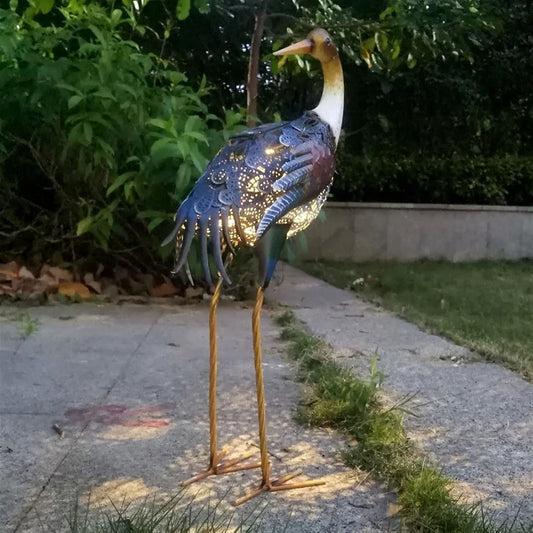 Decoratiune Gradina cu Lampa Solara, Model Egreta Albastra, Iluminare LED, Metal Rezistent la Exterior, 57 x 32 x 17 cm, Multicolor