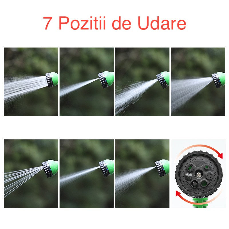 Furtun Gradina Portabil, Set Udare cu Duza 7 Functii si Suport de Perete, Material PVC Flexibil, 10 m, Verde