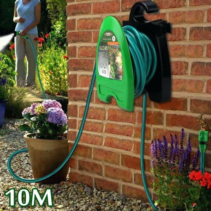Furtun Gradina Portabil, Set Udare cu Duza 7 Functii si Suport de Perete, Material PVC Flexibil, 10 m, Verde