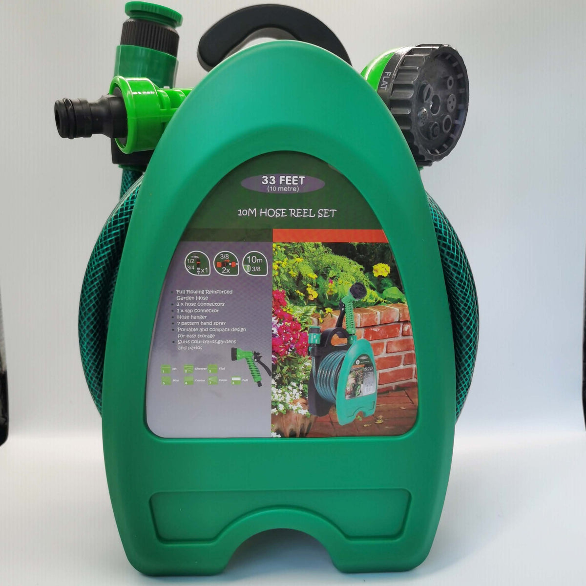 Furtun Gradina Portabil, Set Udare cu Duza 7 Functii si Suport de Perete, Material PVC Flexibil, 10 m, Verde