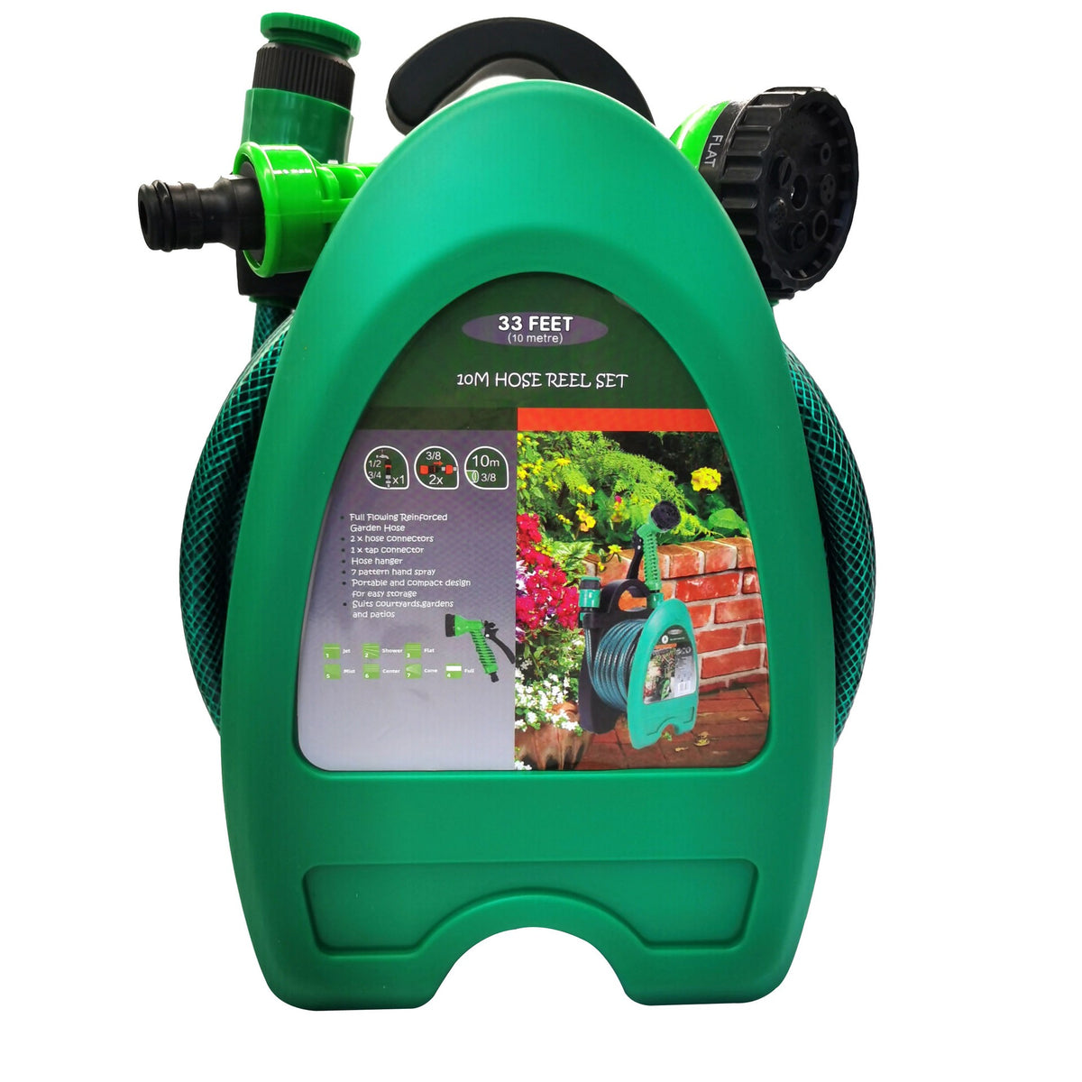 Furtun Gradina Portabil, Set Udare cu Duza 7 Functii si Suport de Perete, Material PVC Flexibil, 10 m, Verde