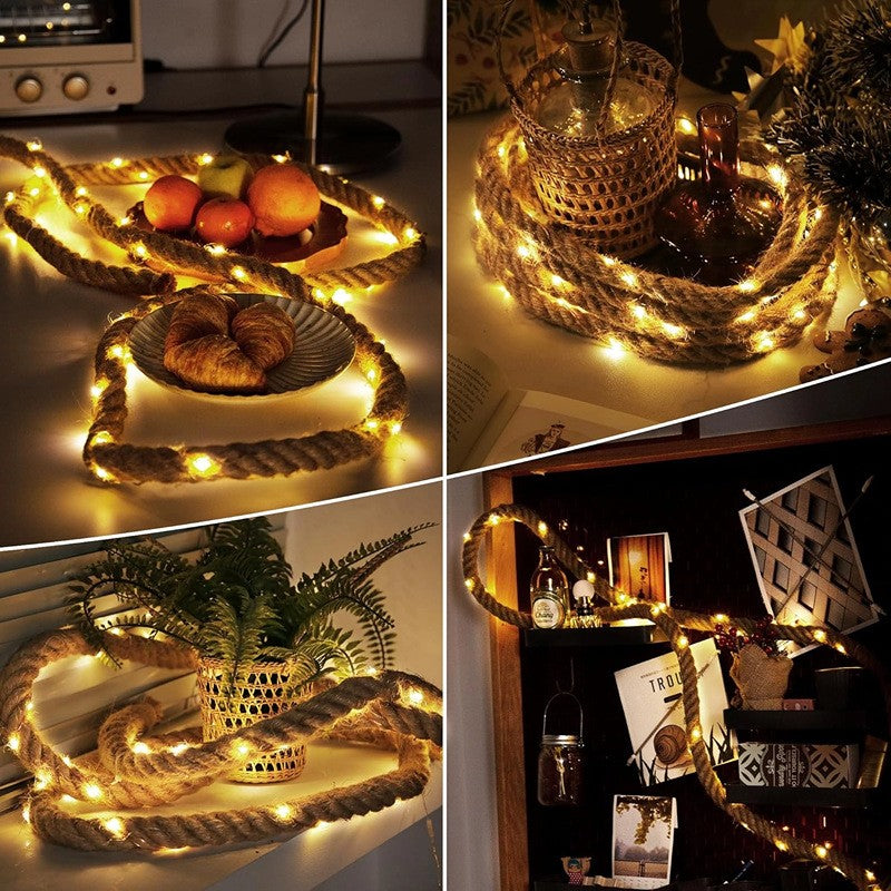 Instalatie Luminoasa LED, Decorativa, Model Sfoara de Canepa cu Fir de Cupru, 8 Jocuri de Lumini, IP44, Alimentare Baterii, 3 m, 60 LED, Alb Cald