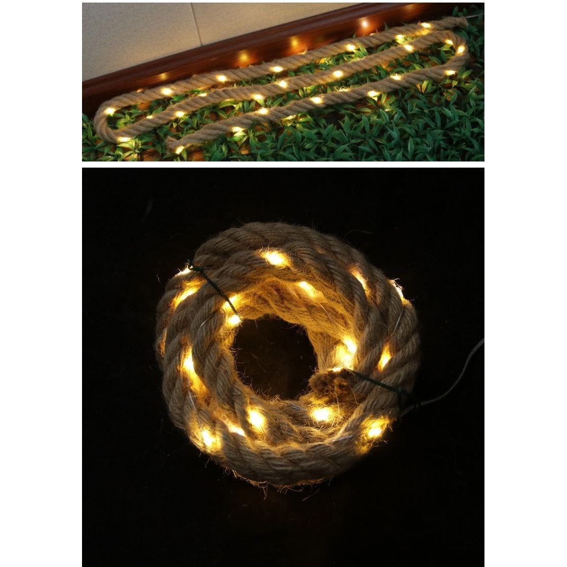 Instalatie Luminoasa cu 40 LED-uri, Model Rustic pe Sfoara de Canepa si Fir de Cupru, Protectie IP44, Alimentare Baterii, 2 m, Alb Cald