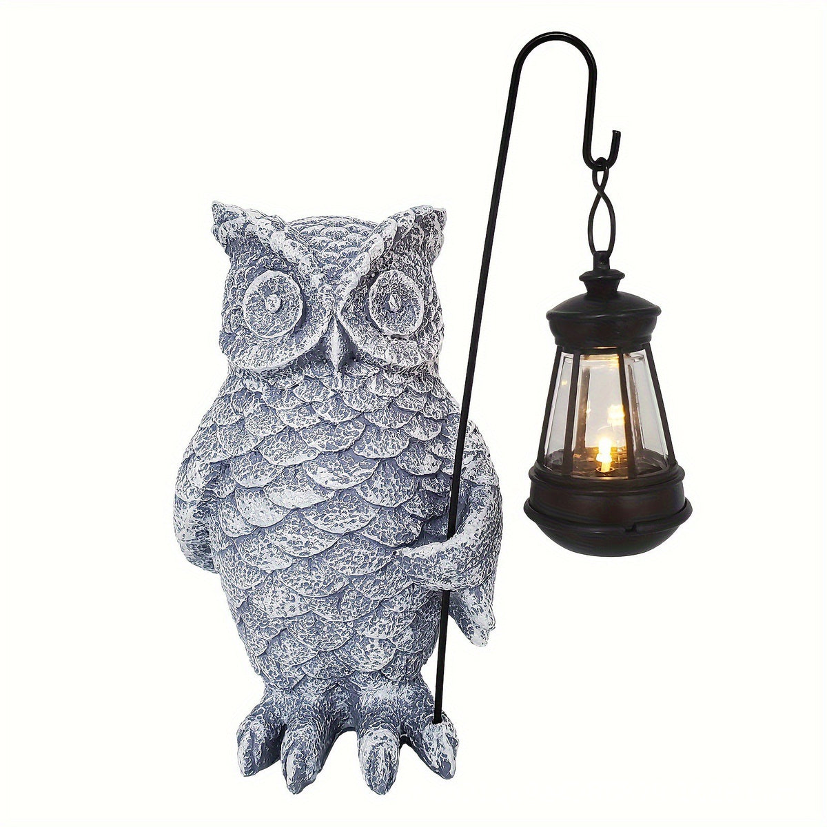 Decoratiune Gradina Solara cu LED, Bufnita cu Felinar si Senzor Lumina, Rasina Rezistenta la Intemperii, Aspect Piatra, 21.5x15 cm, Gri