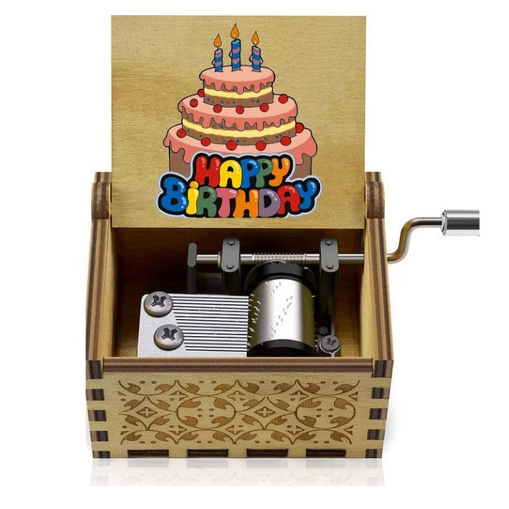 Cutie Muzicala Manuala, Mecanism cu Manivela, Melodie Happy Birthday, Lemn Gravat, Maro, 6 x 5 x 4.2 cm