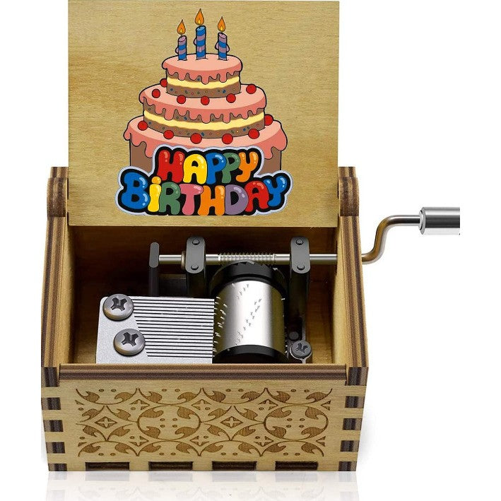 Cutie Muzicala Manuala, Mecanism cu Manivela, Melodie Happy Birthday, Lemn Gravat, Maro, 6 x 5 x 4.2 cm