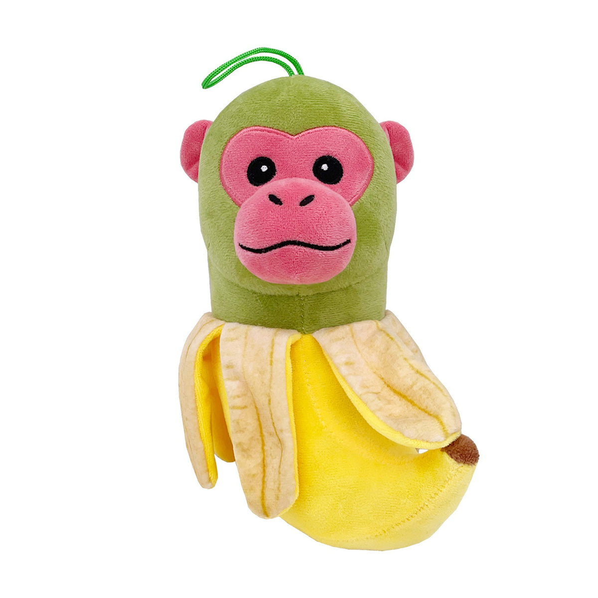 Jucarie de Plus Maimuta Banana Chimpanzini Bananini, Model Italian Brainrot cu Agatatoare Elastica, Material Moale si Texturat, 22 x 10 cm, Verde Galben