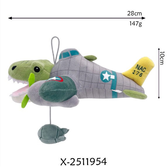 Jucarie de Plus Crocodilul Avion Bombardiro Crocodilo, Figurina Moale cu Agatatoare Elastica, Model Italian Brainrot, 28 x 10 cm, Gri Verde