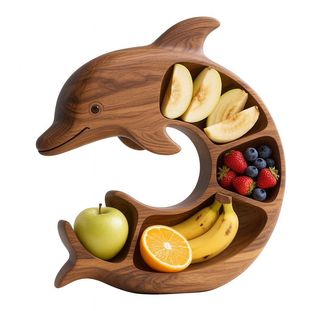 Platou pentru Servire in Forma de Delfin, 4 Compartimente pentru Gustari si Branzeturi, Lemn Masiv, Design Artistic, 26 x 25 x 4 cm, Maro Natur