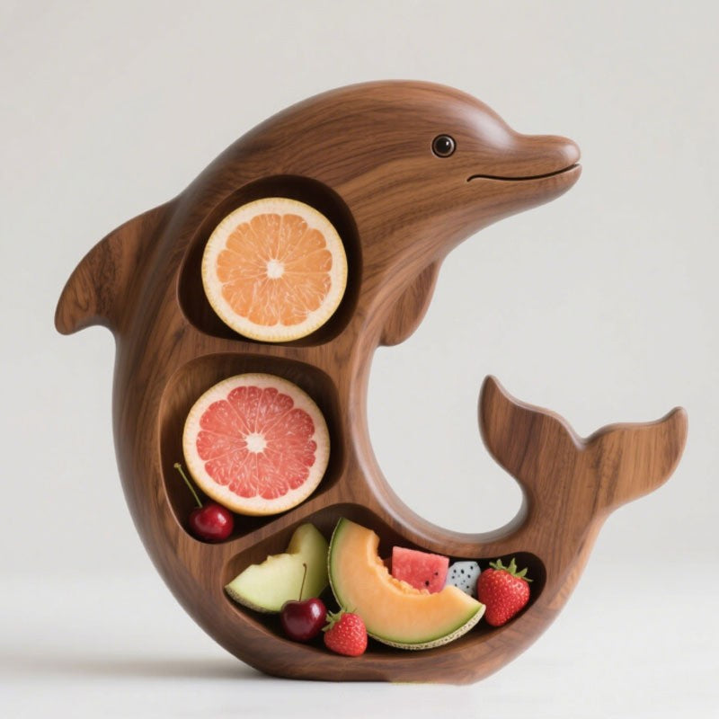Platou pentru Servire in Forma de Delfin, Suport cu 3 Compartimente pentru Gustari si Branzeturi, Lemn Masiv, 26 x 25 x 4 cm, Maro Natur