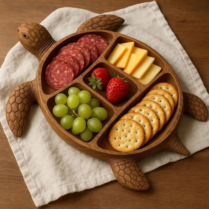Platou pentru Servire in Forma de Broasca Testoasa, Suport pentru Aperitive si Snack-uri, 5 Compartimente, Lemn Masiv, 24 x 24 x 3 cm, Maro