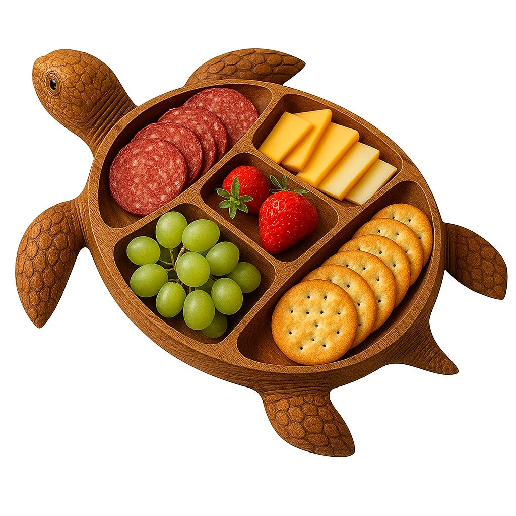 Platou pentru Servire in Forma de Broasca Testoasa, Suport pentru Aperitive si Snack-uri, 5 Compartimente, Lemn Masiv, 24 x 24 x 3 cm, Maro