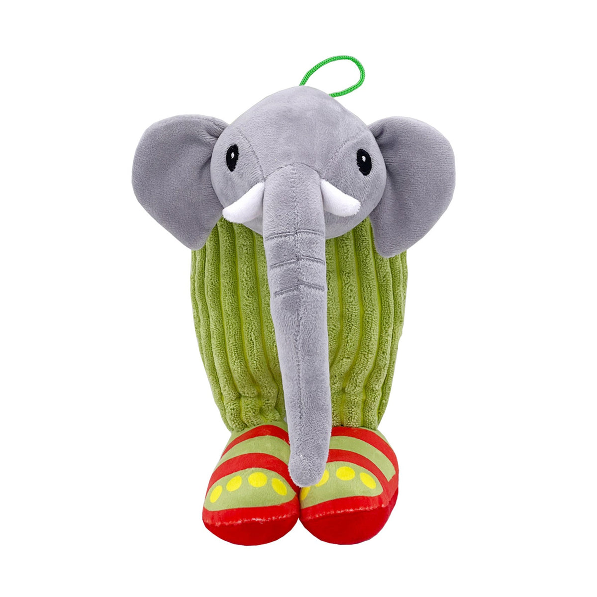 Jucarie de Plus Elefant Lirili Larila, Model Italian Brainrot cu Agatatoare Elastica, Material Moale si Texturat, Verde si Gri, 25 x 12 cm