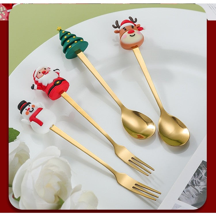 Set 4 Tacamuri pentru Desert cu Tematica de Craciun, 2 Linguri si 2 Furculite cu Figurine Festive, Otel Inoxidabil 410, Cutie Cadou, 19 x 15 x 2.2 cm, Auriu/Multicolor