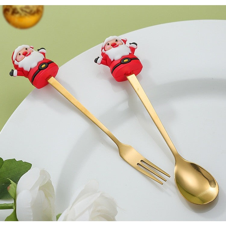 Set 4 Tacamuri pentru Desert cu Tematica de Craciun, 2 Linguri si 2 Furculite cu Figurine Festive, Otel Inoxidabil 410, Cutie Cadou, 19 x 15 x 2.2 cm, Auriu/Multicolor