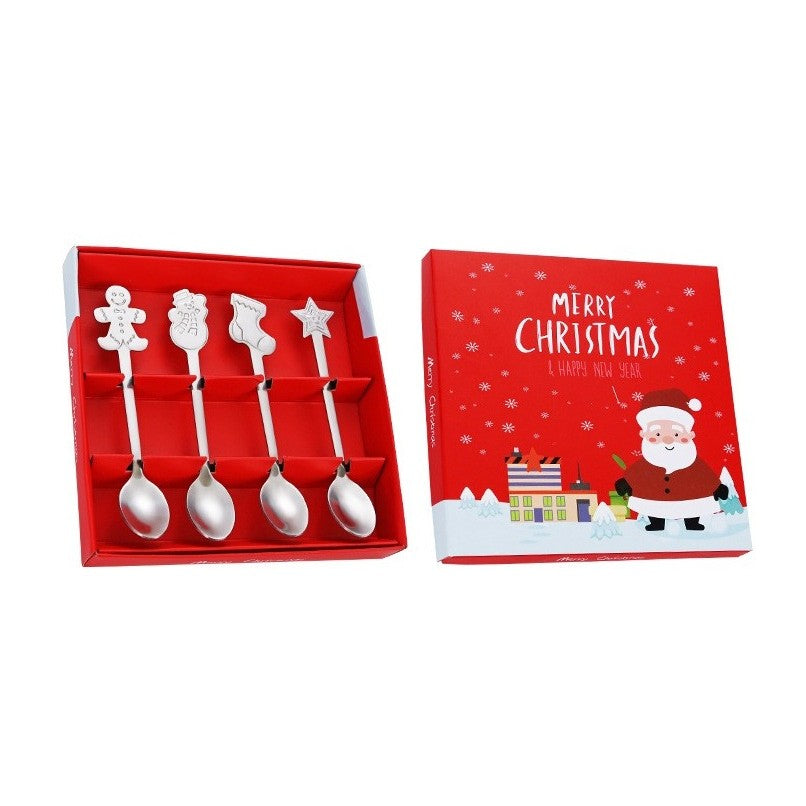 Set 4 Lingurite Cafea si Ceai, Tematica Craciun cu Modele Festive, Otel Inoxidabil, Cutie Cadou, 12.5 cm, Argintiu