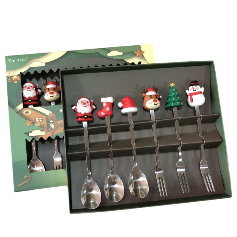 Set 6 Tacamuri Craciun, 3 Linguri si 3 Furculite pentru Desert cu Figurine Festive, Otel Inoxidabil 410, Cutie Cadou, 19 x 22 x 2.2 cm, Argintiu Multicolor