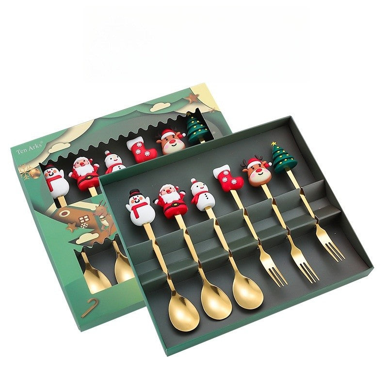 Set 6 Tacamuri Craciun cu Figurine Festive, 3 Linguri si 3 Furculite Desert, Otel Inoxidabil 410, Cutie Cadou, 19 x 22 x 2.2 cm, Auriu/Multicolor