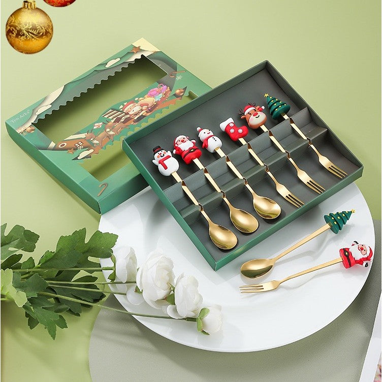 Set 6 Tacamuri Craciun cu Figurine Festive, 3 Linguri si 3 Furculite Desert, Otel Inoxidabil 410, Cutie Cadou, 19 x 22 x 2.2 cm, Auriu/Multicolor
