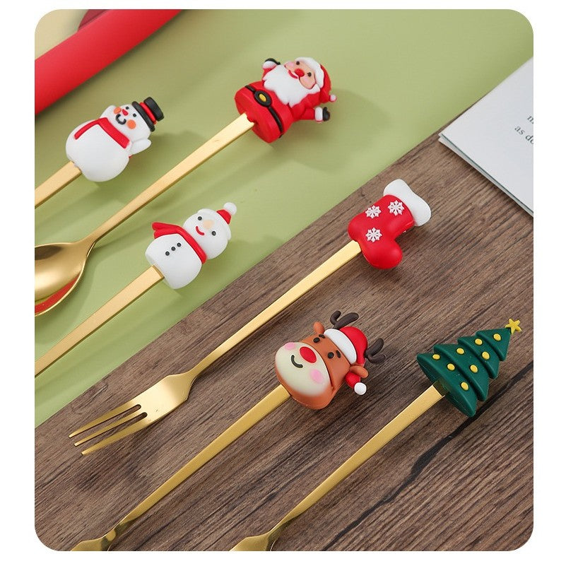 Set 6 Tacamuri Craciun cu Figurine Festive, 3 Linguri si 3 Furculite Desert, Otel Inoxidabil 410, Cutie Cadou, 19 x 22 x 2.2 cm, Auriu/Multicolor