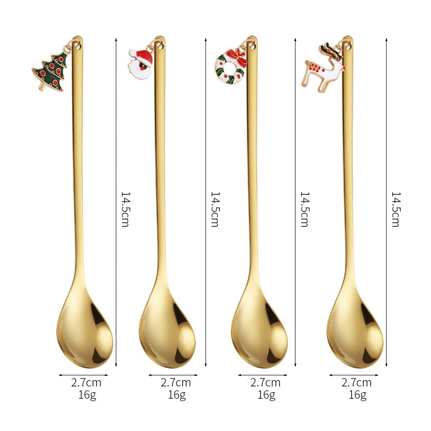 Set 4 Lingurite Craciun Carry The Merry, Modele Festive cu Pandantiv, Otel Inoxidabil 430, Cutie Cadou, Auriu si Multicolor, 19 x 16 x 2 cm