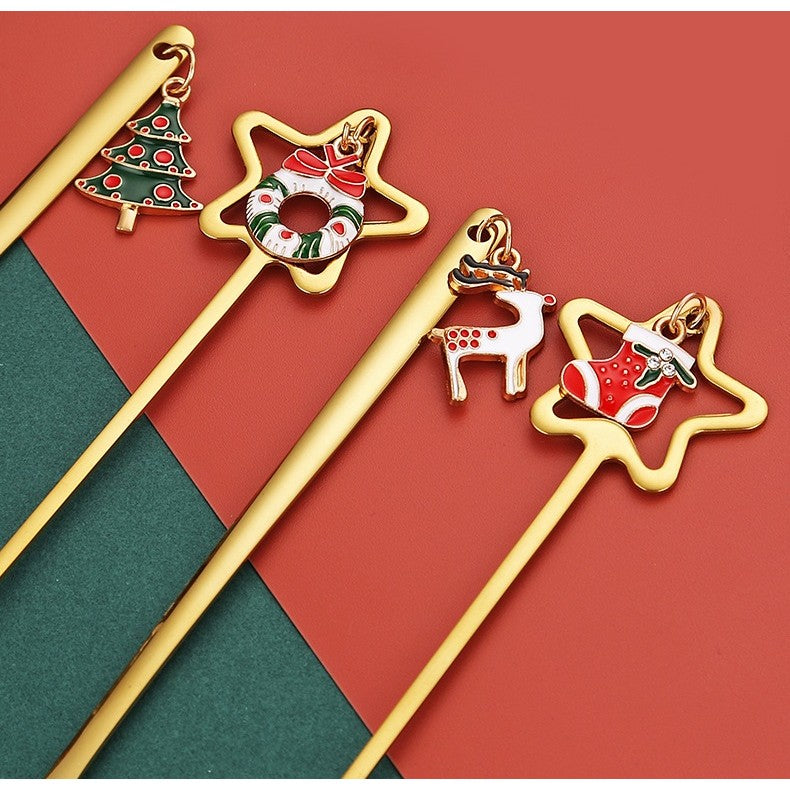 Set 4 Lingurite Craciun Carry The Merry, Modele Festive cu Pandantiv, Otel Inoxidabil 430, Cutie Cadou, Auriu si Multicolor, 19 x 16 x 2 cm