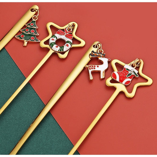 Set 4 Lingurite Craciun Carry The Merry, Modele Festive cu Pandantiv, Otel Inoxidabil 430, Cutie Cadou, Auriu si Multicolor, 19 x 16 x 2 cm