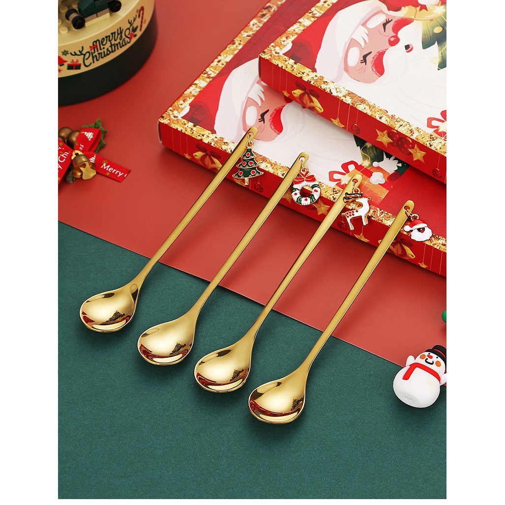 Set 4 Lingurite Craciun Carry The Merry, Modele Festive cu Pandantiv, Otel Inoxidabil 430, Cutie Cadou, Auriu si Multicolor, 19 x 16 x 2 cm