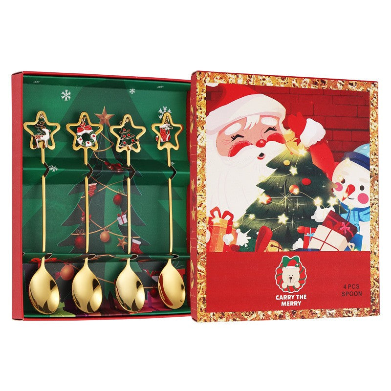 Set 4 Lingurițe Tematice Crăciun Carry The Merry, Modele Pandantiv Festive, Oțel Inoxidabil 430, Cutie Cadou, Auriu și Multicolor, 19 x 16 x 2 cm