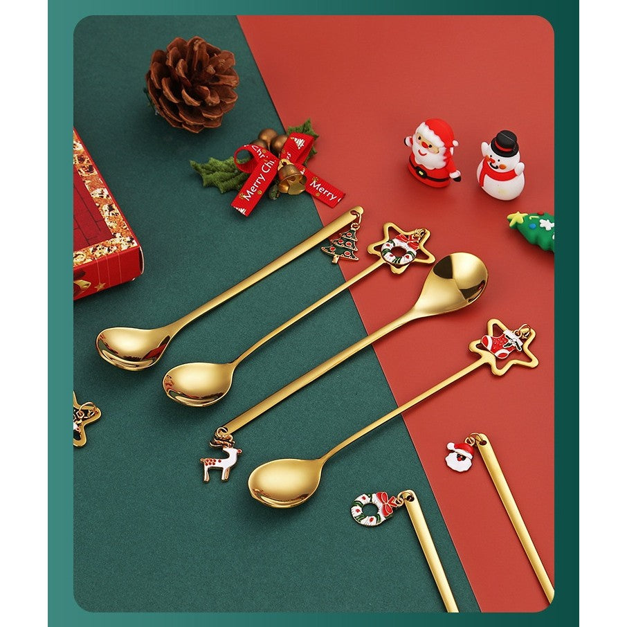 Set 4 Lingurițe Tematice Crăciun Carry The Merry, Modele Pandantiv Festive, Oțel Inoxidabil 430, Cutie Cadou, Auriu și Multicolor, 19 x 16 x 2 cm
