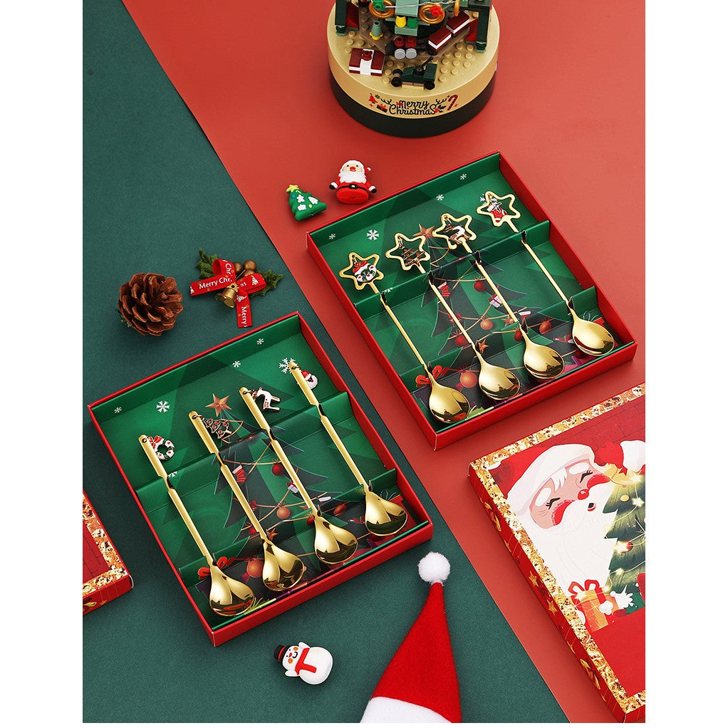 Set 4 Lingurițe Tematice Crăciun Carry The Merry, Modele Pandantiv Festive, Oțel Inoxidabil 430, Cutie Cadou, Auriu și Multicolor, 19 x 16 x 2 cm