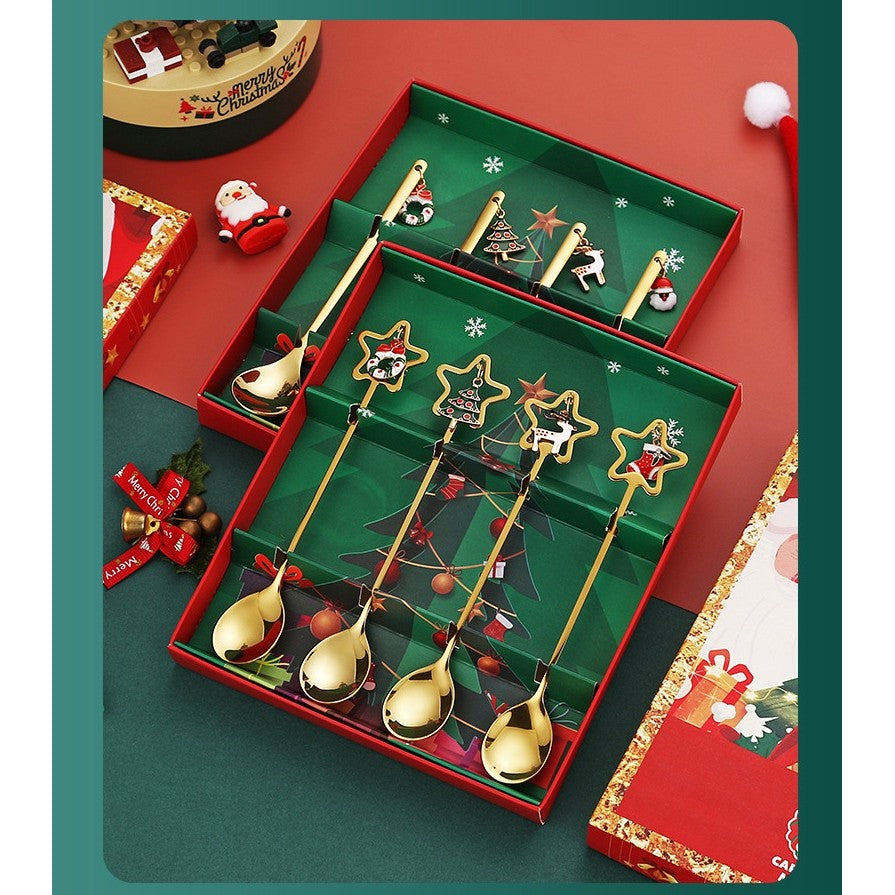 Set 4 Lingurițe Tematice Crăciun Carry The Merry, Modele Pandantiv Festive, Oțel Inoxidabil 430, Cutie Cadou, Auriu și Multicolor, 19 x 16 x 2 cm