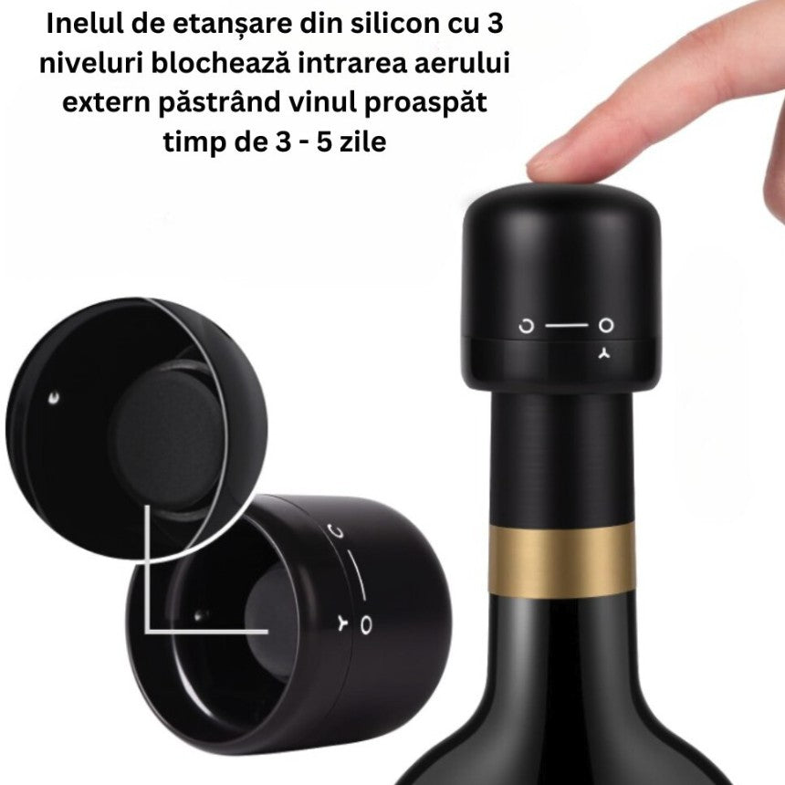 Dop de Etansare Vin cu Sistem de Vidare, Inchidere Rotativa On-Off, Dop Reutilizabil Anti-Oxidare, Silicon si ABS, 3.4 x 3.4 x 3.4 cm, Negru