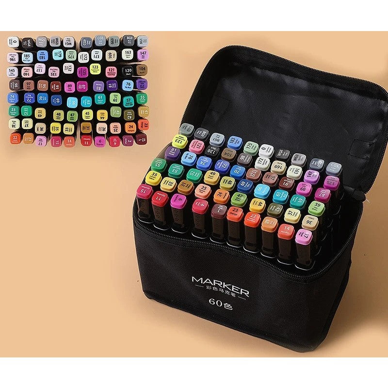 Set 60 Markere Profesionale pe Baza de Alcool, Dublu Capat cu Varfuri 1 mm si 6 mm, Geanta Depozitare Oxford, Multicolor, 60 Bucati
