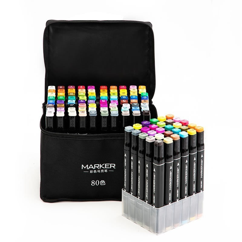 Set Markere Profesionale pe Bază de Alcool, Dublu Capăt 1mm și 6mm, Geantă Depozitare Oxford, 15 cm, Multicolor, Set 80 Bucăți