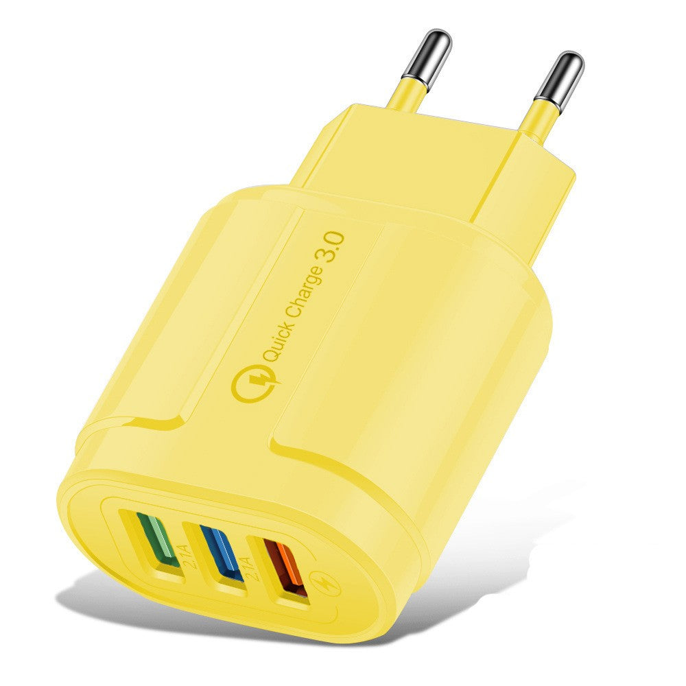 Incarcator Retea Fast Charge QC 3.0, 3 Porturi USB, Putere 18W, Curent 2.1A, Protectie Supraincalzire, Material ABS, Gama Macarons, Galben