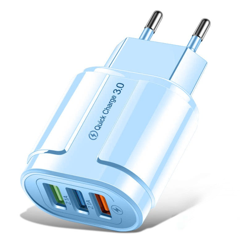 Incarcator Retea Rapid QC3.0, Adaptor Priza cu 3 Porturi USB, Putere 18W si 2.1A, Protectie Supraincalzire, Material ABS, Gama Macarons, Albastru