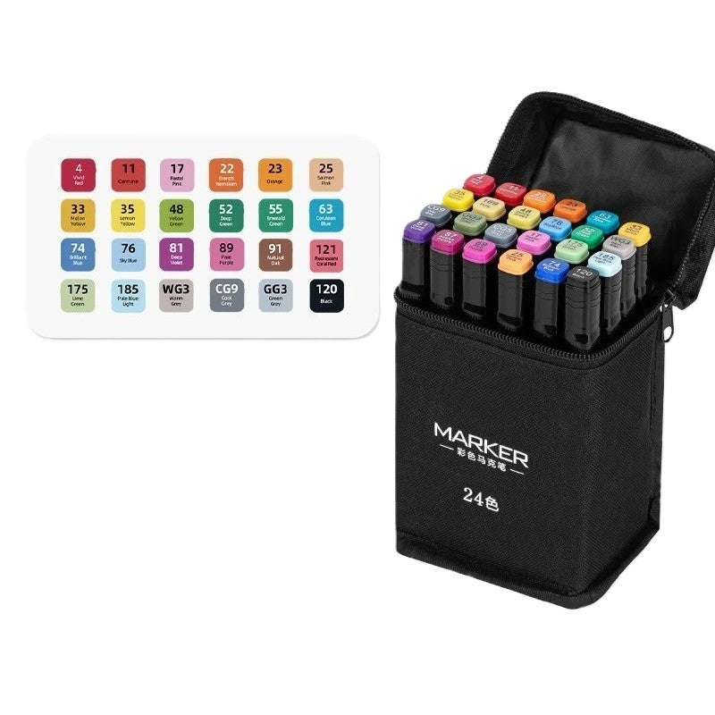 Set Markere Pe Baza De Alcool, Markere Dublu Capat 1-6 mm Pentru Desen Si Schite, Geanta Depozitare Oxford, 24 Bucati, Multicolor