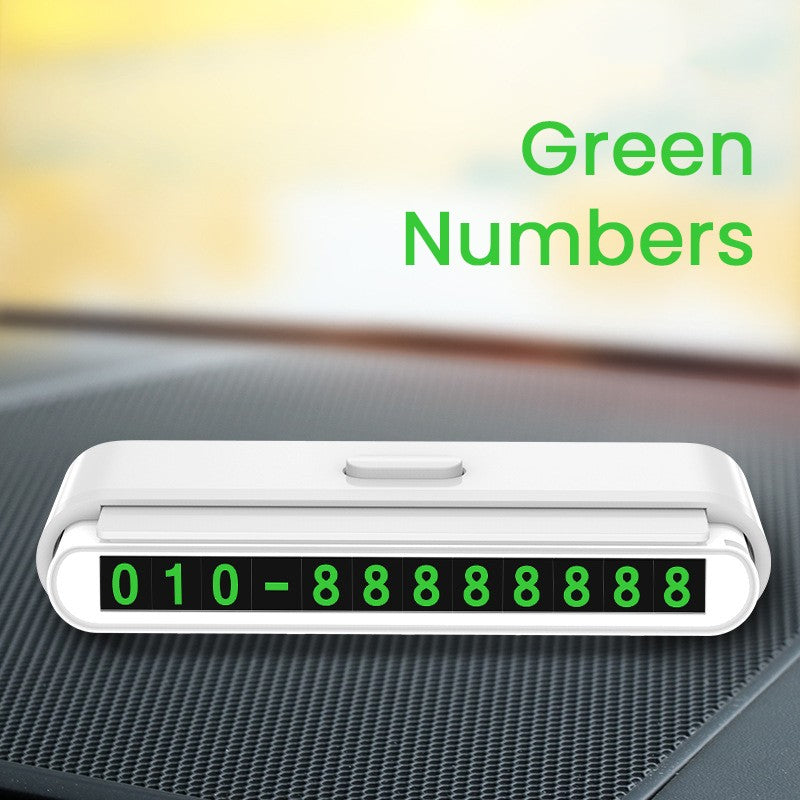 Suport Numar de Telefon pentru Parcare Auto, Card Temporar cu Clapeta Glisanta pentru Confidentialitate, Fixare cu Banda Adeziva, 120 x 48 x 24 mm, Cifre Verzi, Alb