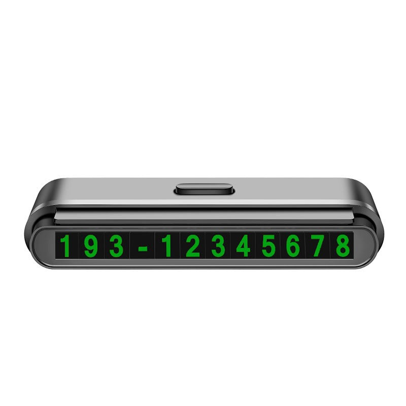 Suport Numar de Telefon pentru Parcare Auto, Card de Contact Temporar cu Banda Glisanta pentru Ascundere, Cifre Fosforescente, Fixare Adeziva, 120 x 48 x 24 mm, Negru Mat