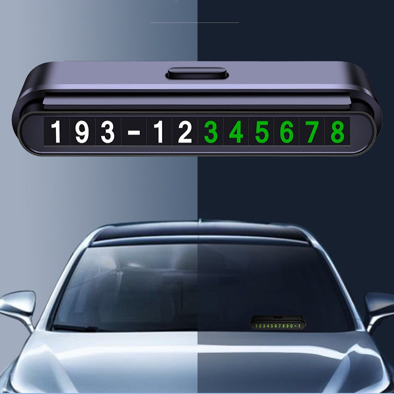 Suport Numar de Telefon pentru Parcare Auto, Card de Contact Temporar cu Banda Glisanta pentru Ascundere, Cifre Fosforescente, Fixare Adeziva, 120 x 48 x 24 mm, Negru Mat