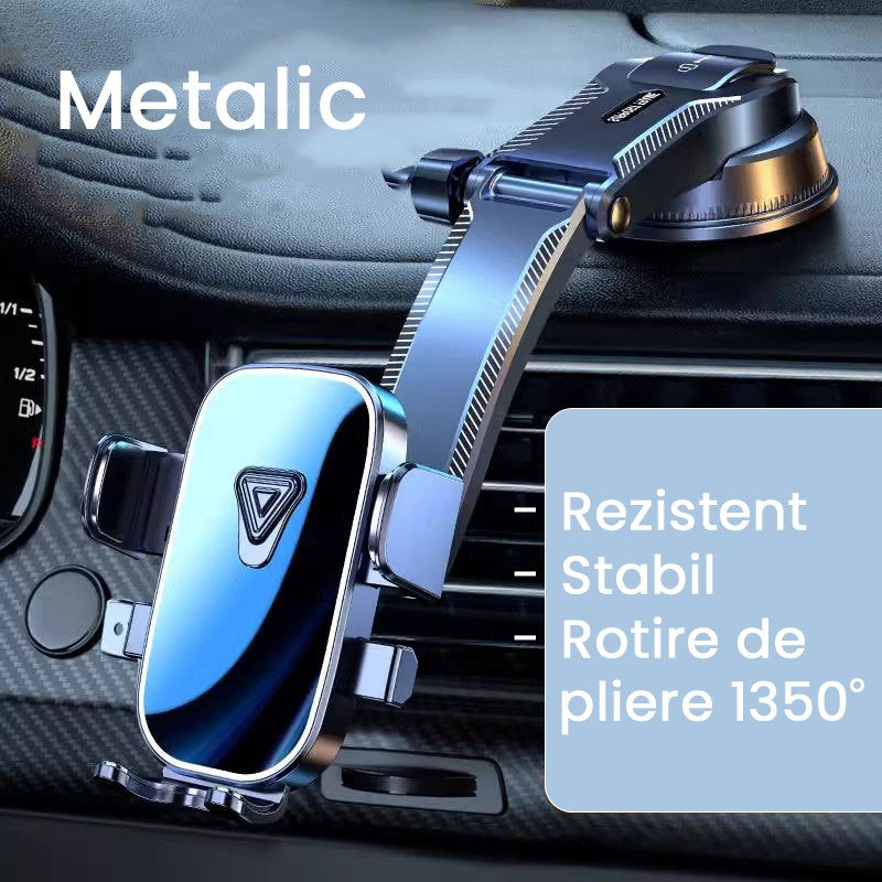 Suport Auto Telefon si Navigatie, Brat Telescopic Reglabil cu Ventuza, Fixare Parbriz sau Bord, Sistem Gravitational, Plastic si Metal, 20 x 14 x 11 cm, Albastru Oglinda