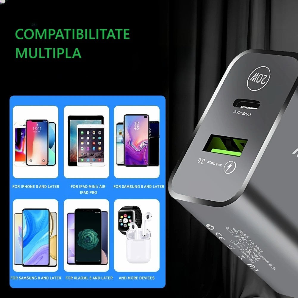 Incarcator Retea Fast Charge 20W, Power Delivery PD si Quick Charge 3.0, 2 Porturi USB si USB Type-C, Protectie Supraincalzire, Universal, Negru