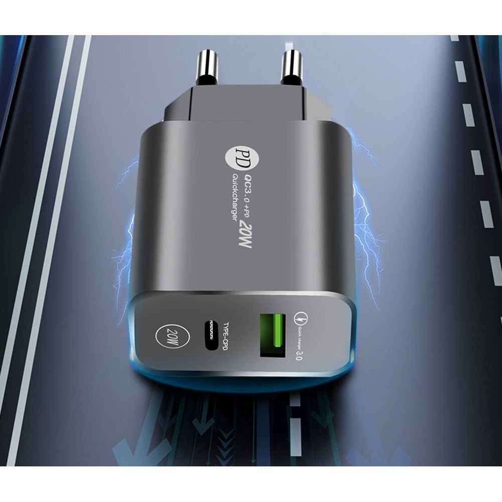 Incarcator Retea Fast Charge 20W, Power Delivery PD si Quick Charge 3.0, 2 Porturi USB si USB Type-C, Protectie Supraincalzire, Universal, Negru