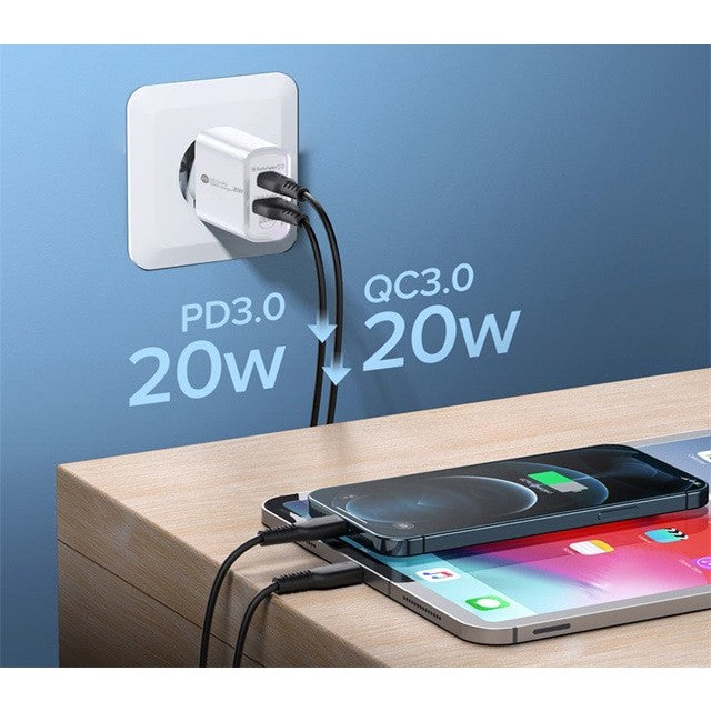 Incarcator Retea Fast Charge 20W, Power Delivery PD si QC 3.0, 2 Porturi USB si Type-C, Protectie Supraincalzire, Alb
