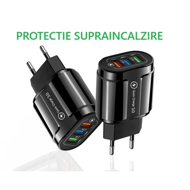 Încărcător Rapid QC 3.0, 3 Porturi USB, Adaptor Priză 18W, 2.1A, Protecție Supraîncălzire, Material ABS, Gama Macarons, Negru