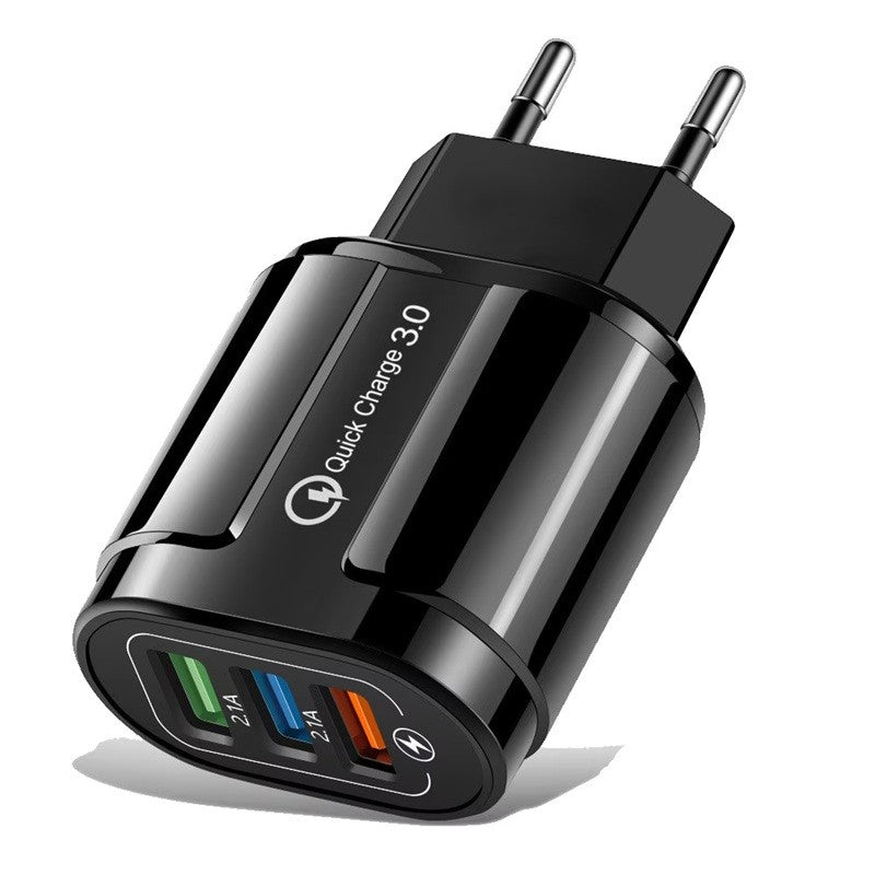 Încărcător Rapid QC 3.0, 3 Porturi USB, Adaptor Priză 18W, 2.1A, Protecție Supraîncălzire, Material ABS, Gama Macarons, Negru